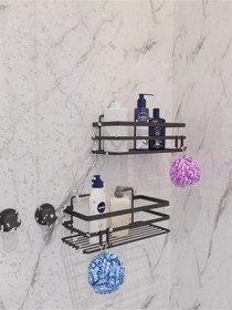 Resim Ömür Boyu Paslanmaz Yapışkanlı Banyo Düzenleyici Şampuanlık Tek Katlı Duş Rafı 2 Adet Siyah 