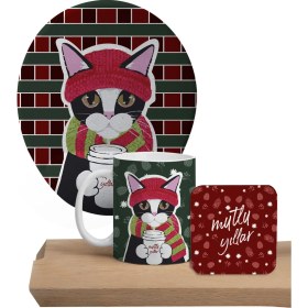 Resim Sevimli Kedi Mousepad, Kupa ve Bardak Altlığı Seti 