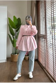 Resim Miraydın Butik Omuz Volanlı Düğmeli Kemerli Tesettür Gömlek - Pembe 