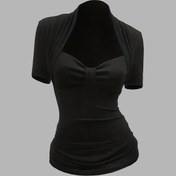 Resim Kadınlar İçin Seksi Şık Sweetheart Yaka Kısa Kollu Tişört - Yüksek Esneklik, Göğüs Büzgülü Dar Kesim, Düz Siyah, Makinede Yıkanabilir, Her Mevsime Uygun Üst, Akşam Giyimi, Zarif Tasarım, Esnek Kumaş 