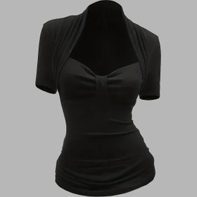 Resim Kadınlar İçin Seksi Şık Sweetheart Yaka Kısa Kollu Tişört - Yüksek Esneklik, Göğüs Büzgülü Dar Kesim, Düz Siyah, Makinede Yıkanabilir, Her Mevsime Uygun Üst, Akşam Giyimi, Zarif Tasarım, Esnek Kumaş 