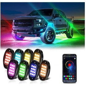 Resim Led Kaya Işıkları 8 Adet Çok Renkli Led Işıklar Parlaklık Ayarı Su Geçirmez App Siyah 