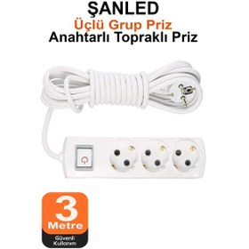 Resim Grup Priz Topraklı 3'lü Çoklu Anahtarlı Priz Seyyar Ara Uzatma Kablosu Kablo 3 Metre 3 m 
