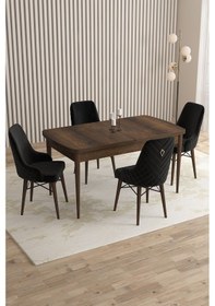 Resim Mazaka Serisi 80x132 Açılabilir Mdf Barok Ahşapdesen Masa Takımı 4 Krem Sandalye Siyah 