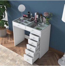 Resim Rani Mobilya Rani Bj107 Makyaj Masası 7 Çekmeceli Cam Tablalı Takı Düzenleyici Beyaz 