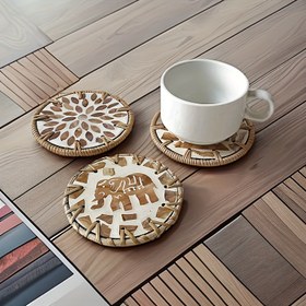 Resim Fil & Geometrik Desenli El Dokuma Rattan Isıya Dayanıklı Masa Matı - Sıcak Bardaklar İçin Yuvarlak Altlıklar, Yıkanabilir Kumaş Yüzey Koruyucu, Ev Dekoru 