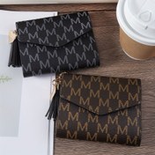 Resim Şık Kadın Üç Katlı Cüzdan Püskül Detaylı - Şık Sentetik Deri Bozuk Para Cüzdanı, Çoklu Kart Yuvaları & Fermuarlı Cep, Siyah & Altın "M" Desen Tasarımı, Günlük Kullanım İçin Mükemmel 