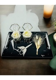 Resim Vow Siyah Desenli Söz Tepsisi Ve Damat Kahve Fincanı Krem Krem 