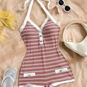 Resim Kadınlar için Y2K Retro Kırmızı & Beyaz Çizgili Halter Boyunlu Tulum, Kalp Şeklinde Metal Düğmeler - Kolsuz Esnek Bodysuit, Yan Cepler & Arka Bağlama ile Bahar Yaz Sonbahar Günlük Kıyafetler, Bayanlar Jumpsuit, Mevsimlik Moda, Rahat Kesim 