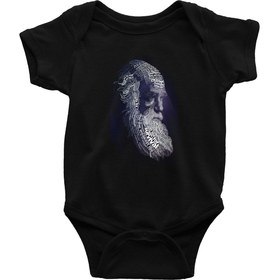 Resim Tişört Fabrikası Charles Darwin Sanatsal Portre Baskılı Unisex Siyah Bebek Body - Zıbın 