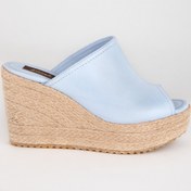 Resim Elile Shoes Kadın Mavi Deri Büyük Küçük Numara Yüksek Jüt Topuk Terlik 