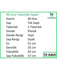 Resim Tekerlekli Plastik Market Alışveriş El Sepeti 40 Litre Yeşil 10 Adet 