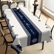 Resim 1 Adet Deniz Temalı Masa Örtüsü - Çapa, Yelkenli ve Fener Desenli, Lacivert & Beyaz Çizgili, 120g Kalınlaştırılmış Polyester Dikdörtgen Masa Kılıfı, Ev Yemek Masası, Parti Dekoru, Makinede Yıkanabilir, Denizcilik Aksesuarı, Dekoratif Yazı Elemanı 