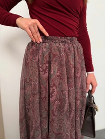 Resim Kadın Şal Desenli Yüksek Bel Lastikli Şifon Maxi Boy Uzun Etek 5286 - Kırmızı - Kırmızı / S-M 