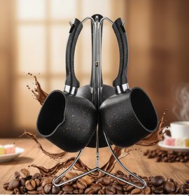 Resim Standlı Granit Dokulu Lüks Cezve Seti 3 Parça 300ml - 500ml - 600ml Isıya Dayanıklı Antrasit 