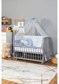 Resim Ahşap Beşik Anne Yanı Beşik Gri 60x120 Mavi Yıldız Uyku Seti Yatak Gri 