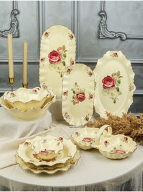 Resim ROY KING Porselen Ayaklı Kek Standı Krem Gold Yuvarlak Gül Desen Rose 36x13cm 