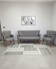 Resim Azra Mobilya Gri Deri Chester Tarz Koltuk Takımı Modern Tasarım, Dayanıklı Ahşap Ayaklı Oturma Grubu 3+1+1 Gri 