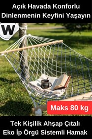 Resim Wonara #Hamak Tek Kişilik Hamak Ahşap Çıtalı Dayanıklı Eko İp Örgü Sistemli Bahçe Balkon Kamp Piknik Taşına 