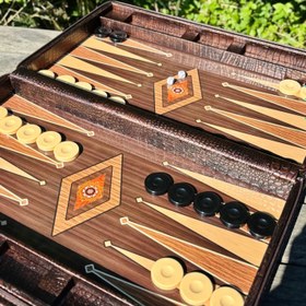 Resim Lüks Büyük Boy Deri Kaplama Tavla Seti, Tavla Seti Deri Kaplı, Hediyelik Tavla Ölçü: 49x24x6 cm 