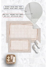 Resim Dijital Baskı Çerçeveli Kaymaz Taban 2li Set Banyo Paspası Klozet Takımı 50x60cm-60x100cm Bej 