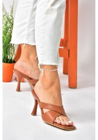 Resim Fox Shoes Taba Çapraz Bantlı Kalın Topuklu Kadın Terlik P590033009 Taba-suni Deri Taba 