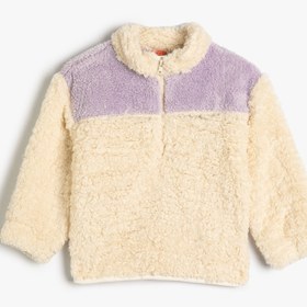 Resim Kız Bebek Peluş Yarım Fermuarlı Sweatshirt Dik Yaka Renk Kontrastlı 