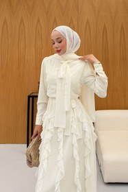 Resim Eteği Volanlı Fırfırlı Şifon Elbise Krem - 40 / Krem 