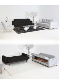 Resim Nola Koltuk Takımı 3+3+1+1 & Bazalı Yataklı Koltuk & Kanepe - Keten Gri-siyah 