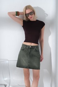 Resim %100 Pamuk 5 cep denim kot Kadın Jean mini etek @Latina - Haki / XS 