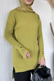 Resim Gülseli Bisiklet Yaka Tesettür Triko Tunik Yağyeşili TZL-P-00020375 