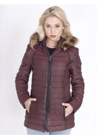 Resim Kadın Gerçek Deri Şişme Kaban Bordo 