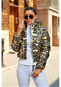 Resim Keyifli Moda Kadın Gold Parlak Yazılı Dik Yaka Kısa Şişme Mont 