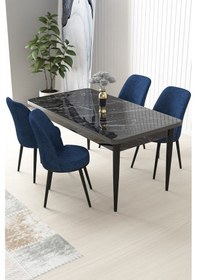 Resim Canisa Nil Serisi 70x110 Sabit Mutfak Masası Takımı Siyah Mermer Desen Masa 4 Lacivert Sandalye Masa Siyah Mermer Desen Sandalye Lacivert 