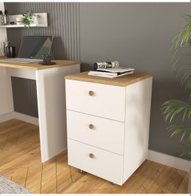 Resim Olven Raflı Çalışma Masası Ve Keson 3 Çekmeceli , Beyaz - Meşe 