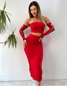 Resim Pink Life Kırmızı Lazer Kesim Detaylı İkili Uzun Takım Kırmızı 