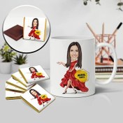 Resim Tango Yapan Kadın Karikatürlü Kupa ve Çikolata 