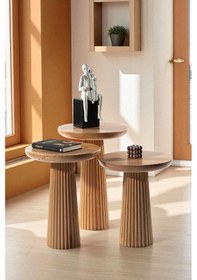 Resim Simillo Doğal Ahşap 3 Lü Set Mantar Sehpa Koyu Ceviz Renkli Kahverengi 