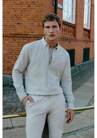 Resim Erkek Bej Beyaz %100 Pamuk Slim Fit Dar Kesim Düğmeli Yaka Çizgili Gömlek Bej Beyaz 