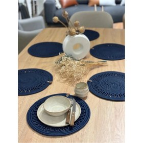 Resim Jütex Home Amerikan Servis Sunum Takımı Hasır Görünümlü Jüt Yıkanabilir Isıya Dayanıklı Jüt 6 Parça Lacivert 