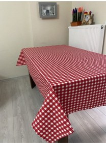 Resim Sıvı Geçirmez Dertsiz Masa Örtüsü Kırmızı Küp Kareli 