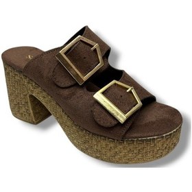 Resim Şanzelize K505-26 Süet Anatomik Çift Bant Dolgu Topuklu Kadın Terlik Kahverengi 