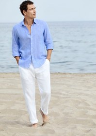 Resim Beyaz Straight Wide Leg Yan Cepli %100 Keten Pantolon - Straight Wide Leg / Beyaz / 33 