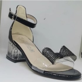 Resim Mini Women Miniwomen 793 Çocuk Şeffaf Taşlı Bantlı Topuklu Abiye Ayakkabı Siyah Rugan 