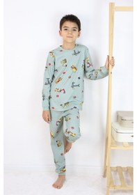 Resim Harika Kids Erkek Çocuk Baskılı İnterlok Kumaş Uzun Kollu Pijama Takımı Açık Yeşil 