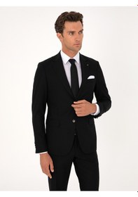 Resim Cacharel Siyah Slim Fit Mikro Desenli Mono Yaka Yün Karışımlı Takım Elbise 