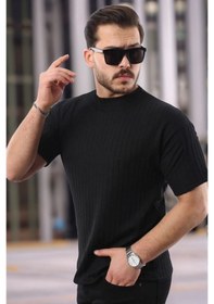 Resim Erkek Kısa Kollu Örgü Kumaş Bisiklet Yaka T-shirt Siyah 