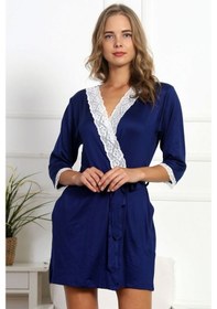 Resim Vienetta Kadın Indigo Dantelli 7/8 Kol Polyester Sabahlık 4209 