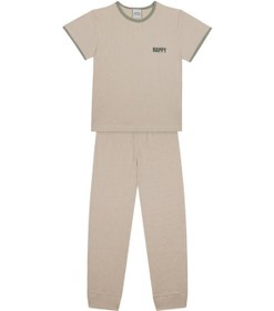 Resim Antebies Organik Krem Waffle Happy Nakışlı Beli Lastikli Kısa Kollu Erkek Çocuk Pijama Takımı 