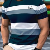 Resim Erkeklerin Günlük Yaka T-Shirt'i 'Luka' Baskılı - Mavi, Beyaz ve Açık Mavi Çizgili, Kısa Kollu, Normal Beden, Günlük Giyim|Çizgili Tee|Az Esnek Kumaş 